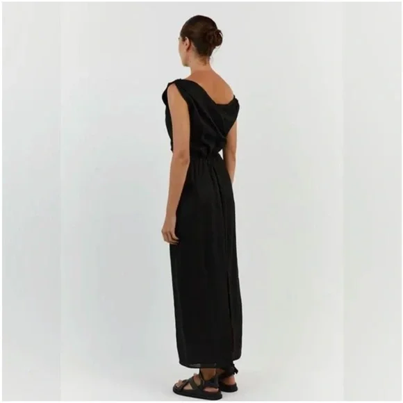 DISSH CASS BLACK LINEN ASYM MIDI DRESS - Picture 3 of 7